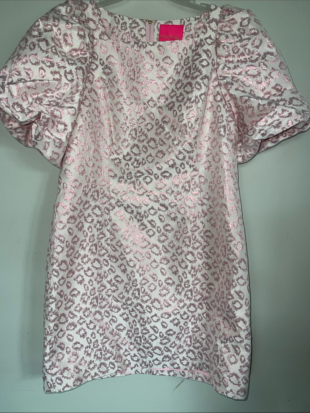 Lilly Pulitzer Pink and White Leopard Jacquard dress puff sleeves 14 lined